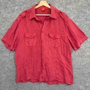 Hugo‎ Boss 100% Linen Button Shirt Mens XL Double Pockets ShoulderTab Red Tee